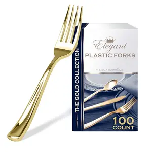 Stock Your Home 100 Disposable Heavy Duty Plastic Forks, Fancy Plastic Silverware Looks Like Real Cutlery - Utensils Perfect for Catering Events, Restaurants, Parties and Weddings (Gold)