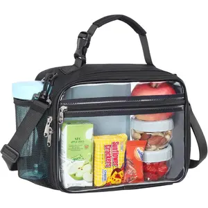 F-LBK15 Clear Lunch Bag for Boys - Reusable Clear Lunch Box for School with Adjustable Shoulder Strap, Back to School Heavy Duty Transparent Stadium Approved Lunch Snack Bag for Travel Picnic, Black