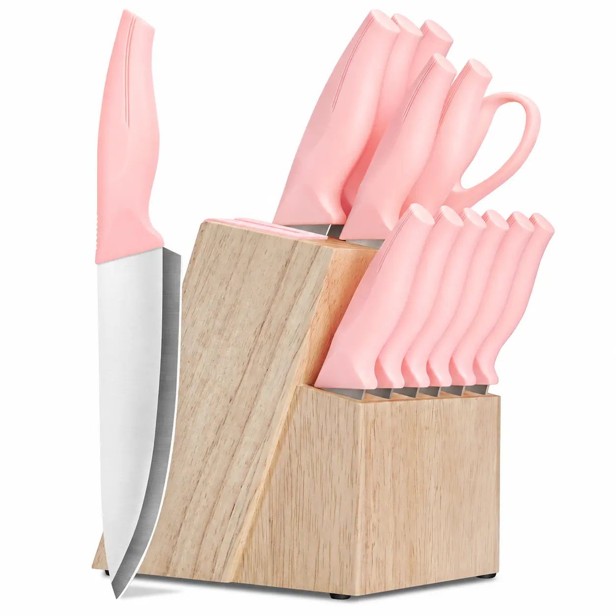 Pink 14-Piece Professional Stainless Steel Kitchen Knife Set with Self-Sharpening Storage Block, Built-In Sharpener, ABS Anti-Slip Ergonomic Handles for Chef Knives Tasks, Cooking Prep Cutting and Slicing sohochic