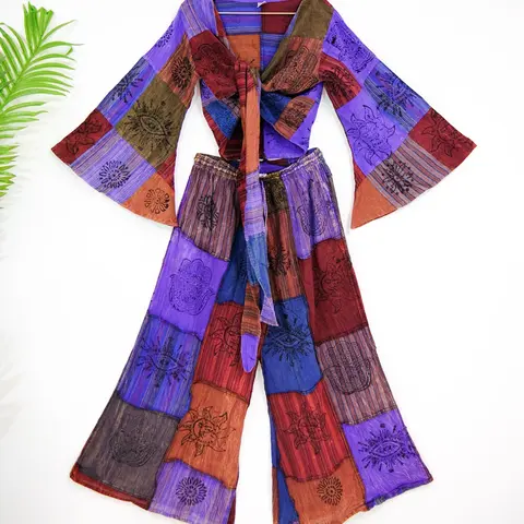 Women's Bohemian Cotton 2-Piece Matching Set - Handmade Patchwork Palazzo Trousers with Pockets, Adjustable Bell-Sleeve Tie Top, Stylish Design, Comfortable Fit, Plus Size Women's Clothing