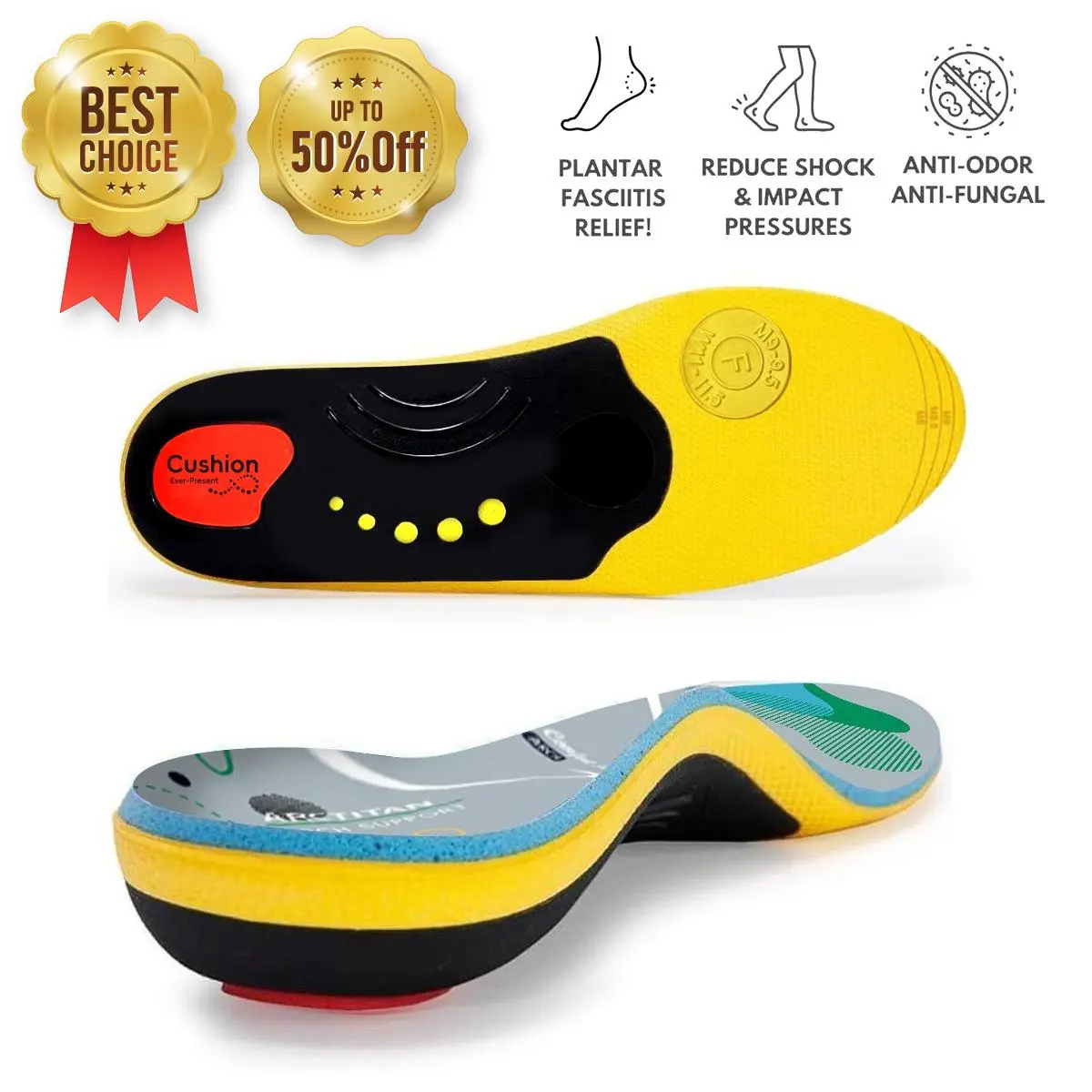 Plantar Fasciitis Relief Orthotic Insoles Arch Support insole Breathable Sweat-Absorbent Cloud Insoles for Energizing Comfort