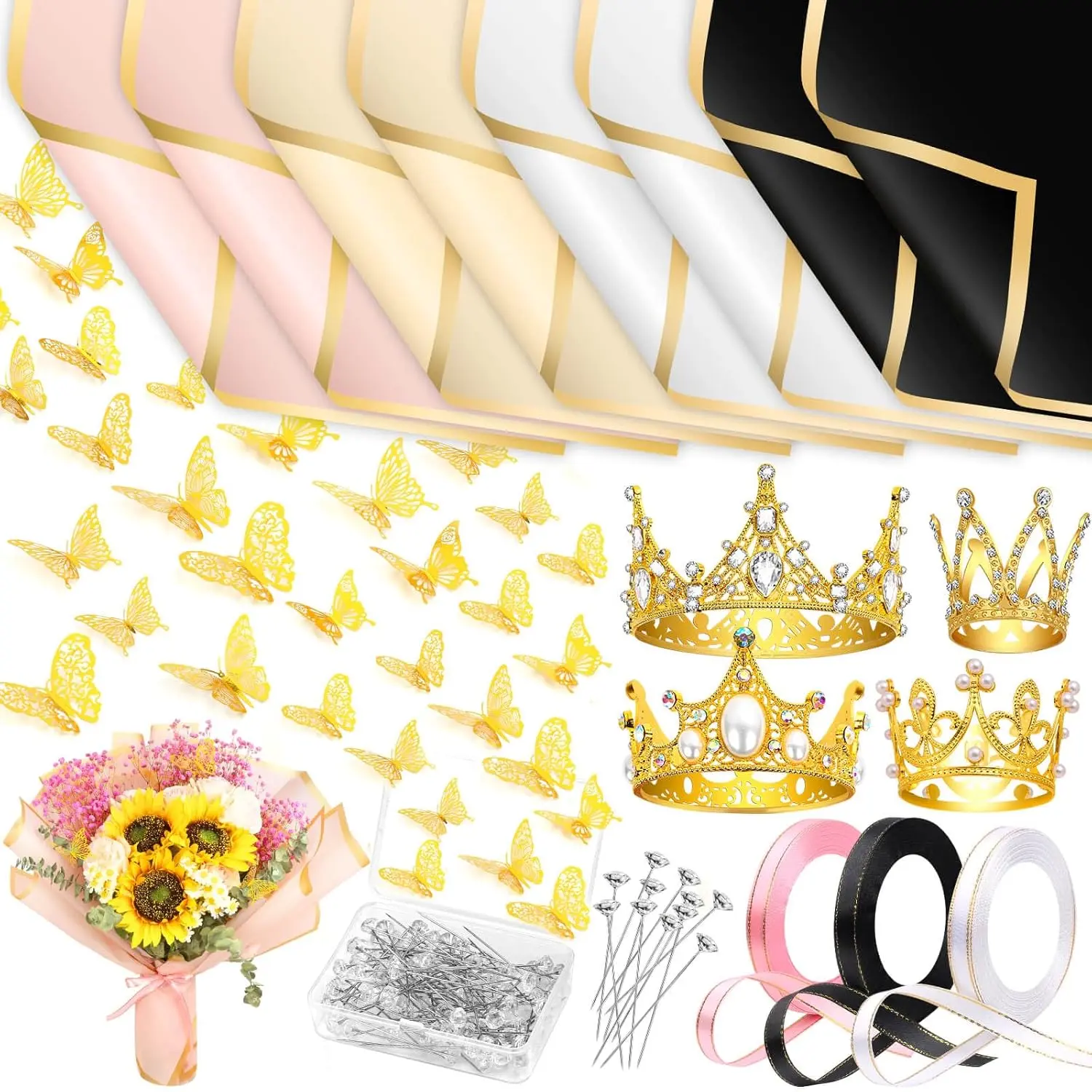 195 Packs Flower Bouquet Accessories Supplies, 40 Flower Wrapping Paper, 4 Gold Crowns, 48 Butterfly Decorations, 100 Flower Pins and 3 Ribbons for Mother's Day Wedding Shower Graduation