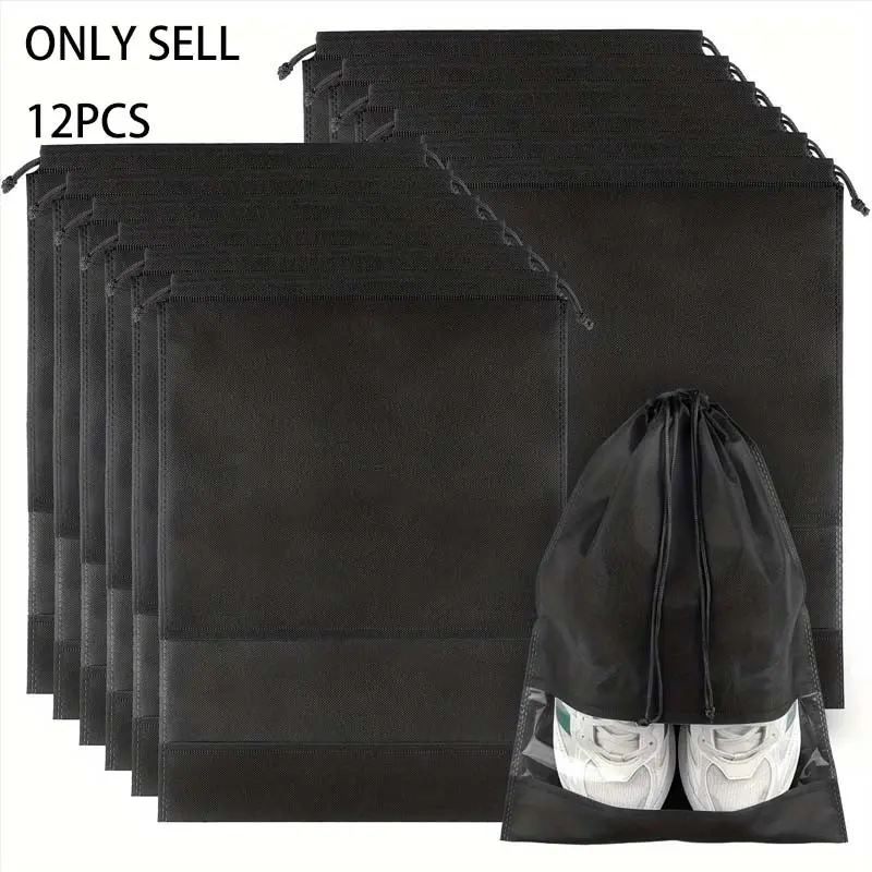 12pcs Large Black Travel Shoe Bags with Drawstring - Durable, Foldable & Reusable Non-Woven Fabric Organizer for Men's & Women's Footwear, Transparent Window Design for Easy Identification, Shoes Bag