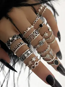 Vintage Punk Heart & Wing & Star Design Ring Set, Stackable Rings, Stacking Ring Set, Adjustable Rings, Fashion Jewelry for Party, Daily Clothing Decor, Trendy All-match & Exquisite Jewelry for Birthday Gift