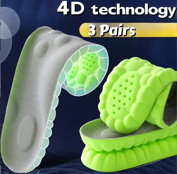 Unisex Extra Large Arch Support Insoles (3 Pairs) - Gel Memory Foam Cushions, 4D Cloud All-Season Height Boosters with PU Leather, for Athletic, Daily Wear, Work/Sports Footwear, Pad, Foot Care Insoles & Heel Liners