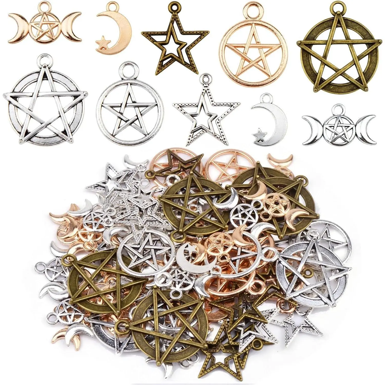 X-BY99 70pcs Mixed Pentacle Star Charms Moon Pentagram Witch Magic Pendants Vintage Alloy Protection Lucky Charms for DIY Necklace Bracelet Earrings Jewelry Making and Crafting