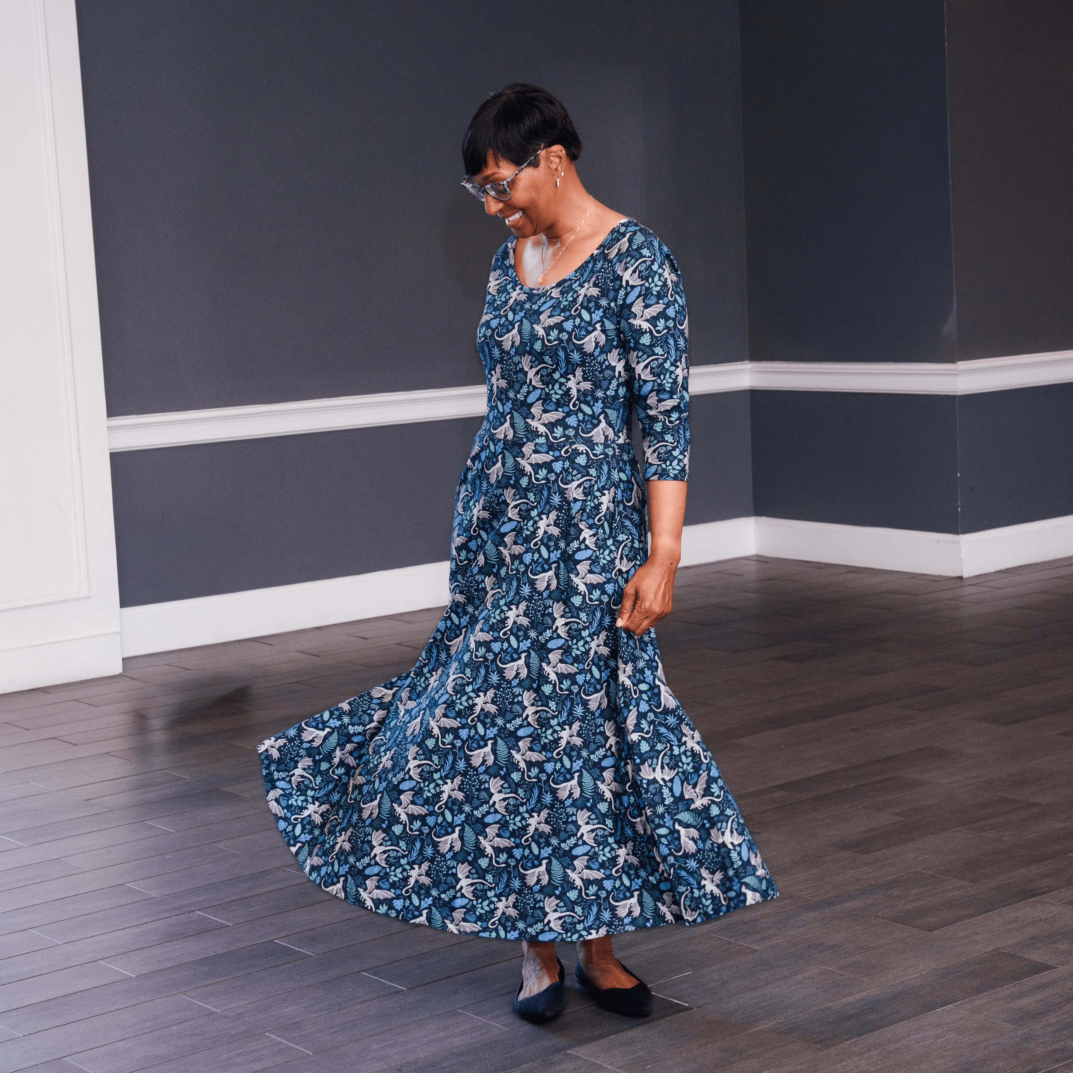 Garden of Dragons Long Midi Fit & Flare Dress with Pockets