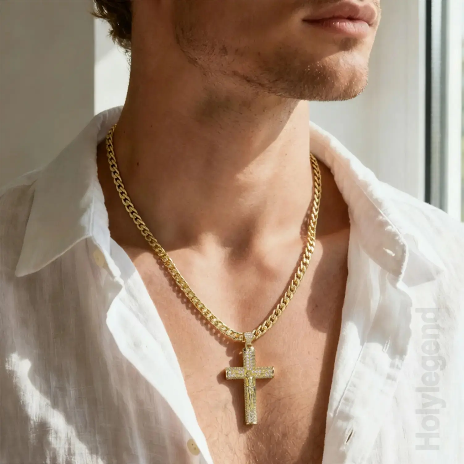 14K Real Gold-Plated Cross Necklace for Men,Tarnish-Free Cuban link chain Figaro Rope Miami Chains with Jesus Crucifix Pendant, 24" Long , Christian Religious Jewelry Gift,Father's Day Gift statement