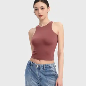 PUMIEY Crew Neck Crop Tank Top Fitted Sleeveless Buttery Soft Basic Going Out Summer Top Everyday Wear