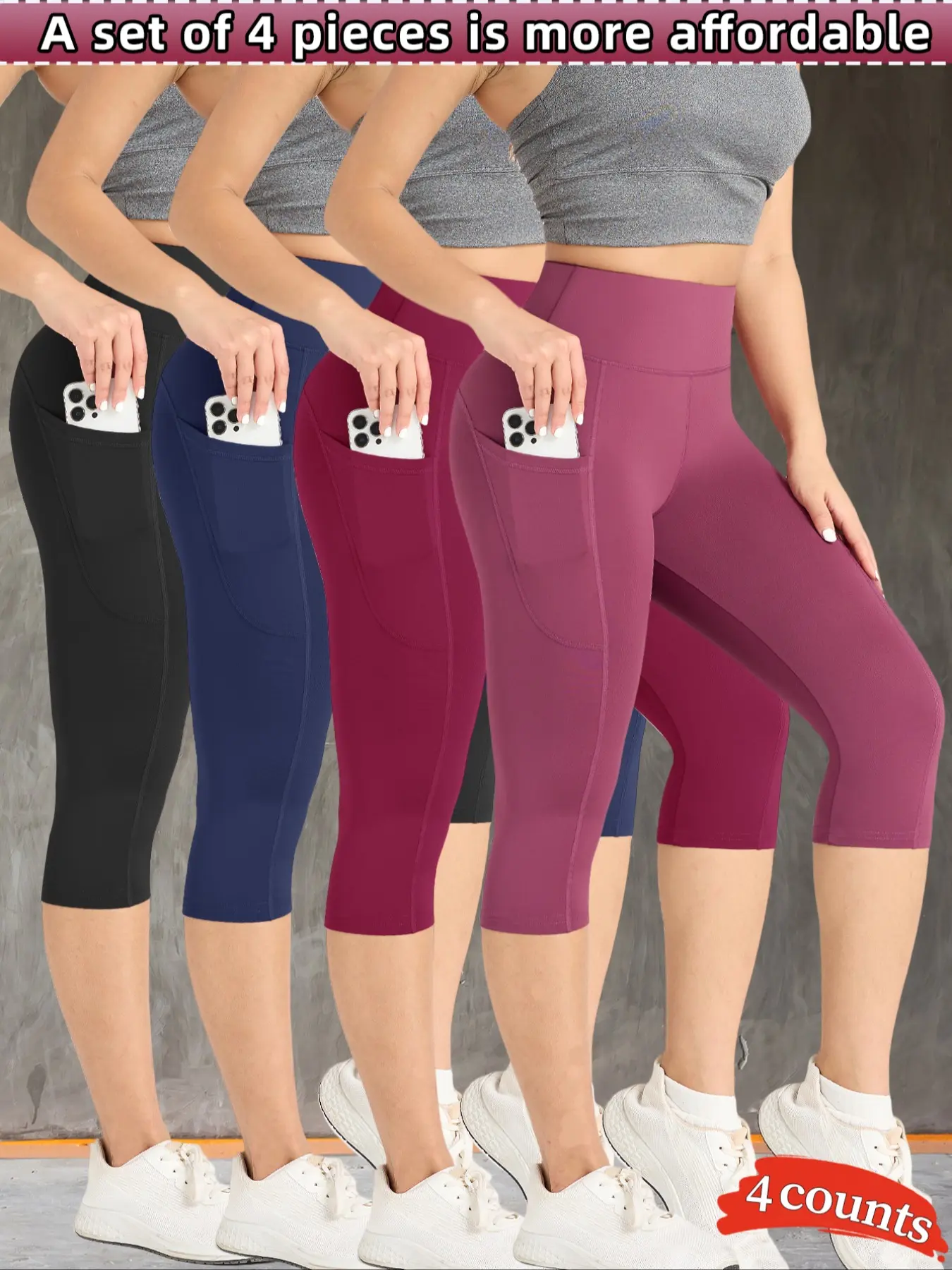 4 PCS Women's High Waist Sporty Cropped Pants, Spring & Fall Wearable, Elastic Yoga Cycling Leggings, High Waisted Leggings, Skinny Yoga Bottoms, Side Pocket Leggings, Leggings With Pockets, Stretchy Workout Leggings