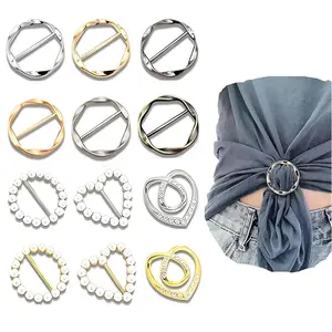 Fashionable Rhinestone Decorated Scarf Ring (12pcs/set), Mixed Style Round Shirt Clips for Women Clothing, Stylish Clasp Slides Waist, Ring Wrap Holder for Women Silk Scarf Shawl Corner Knotted Button