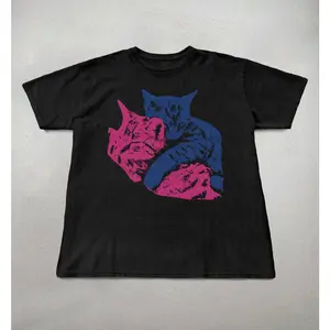 Men's cat-themed indie music band merchandise Graphic T-Shirt - Short Sleeve Crew Neck Regular Fit Casual Wear | Soft & Breathable Fabric, Durable Print, Everyday Comfort, Machine Washable, graphic design with bold, contrasting colors and a stylized