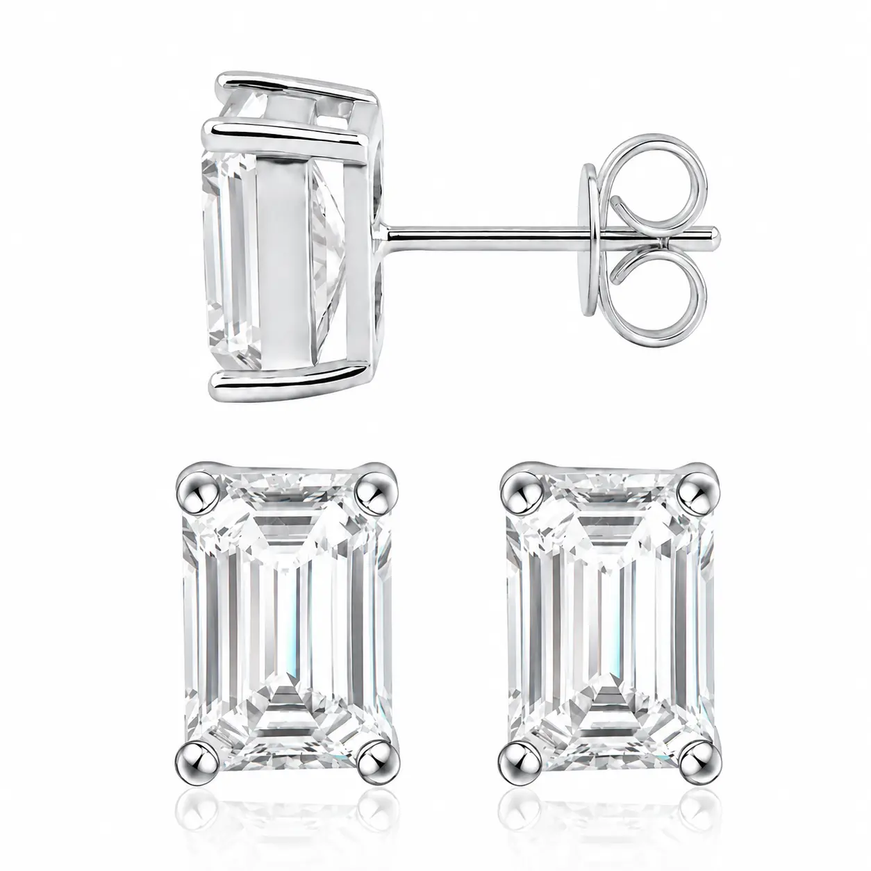 Minimalist D Color Emerald Cut Moissanite Ear Studs, 925 Sterling Silver 4-Prong Hypoallergenic Artificial Gemstone Earrings Set for Female Adults, Birthday Valentine Gift, Earrings Jewelry, Friends