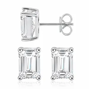 D Color Emerald Cut Moissanite Stud Earrings, 925 Sterling Silver 4-Prong Artificial Gemstone Earrings birthday valentine anniversary gift