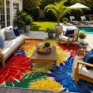 Tyrot Tropical Feel Decorative Floral Area Rug – Waterproof, Washable, Non-Slip Low Maintenance Chenille Porch Decor for Deck, Backyard Botanical Area Rugs Flatweave Outdoor Rug