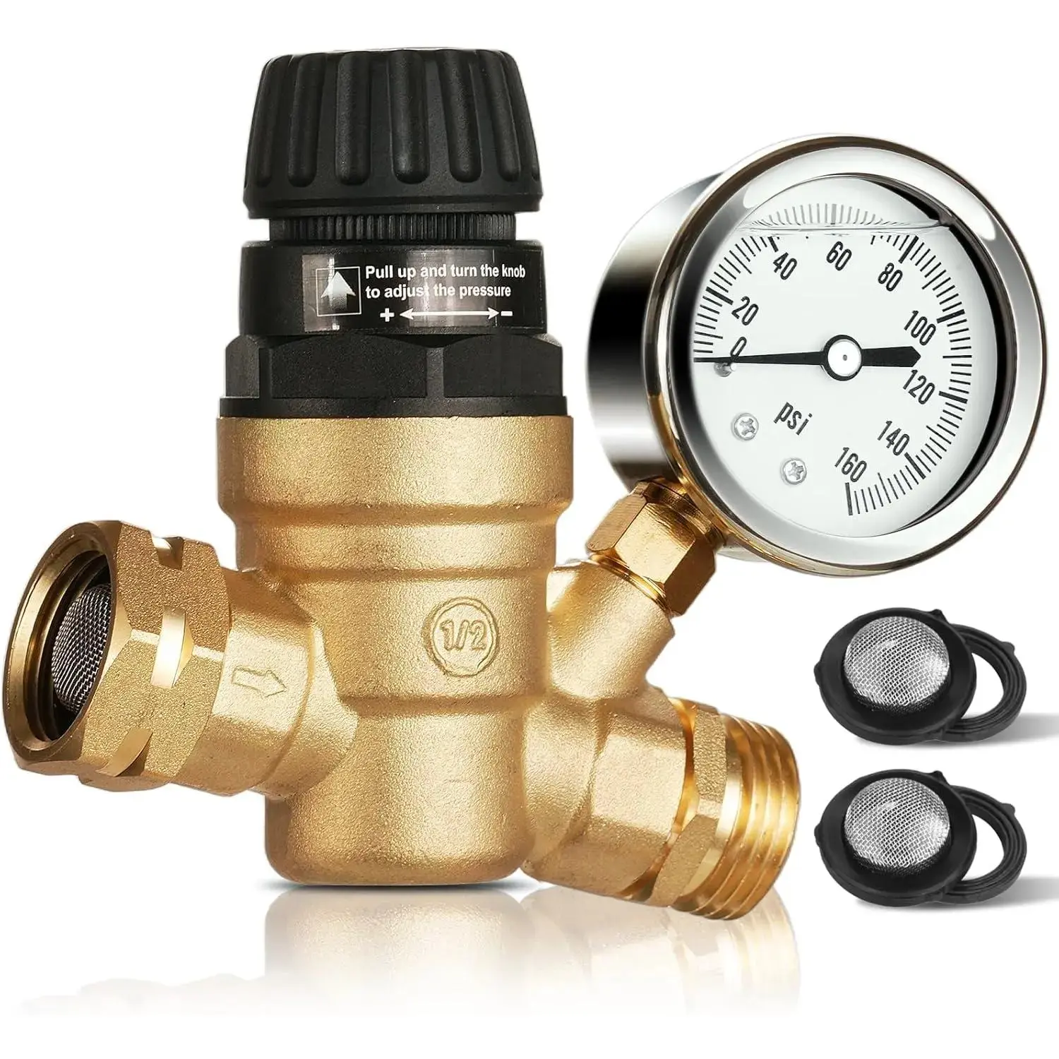 Certified Lead-Free Brass RV Water Pressure Regulator, 0-160 PSI Gauge, Adjustable Knob, Built-In Filter, Tool-Free Hand-Turn, 3/4" GHT Connections, 3/4-Inch GHT for RV, Boating, Camping