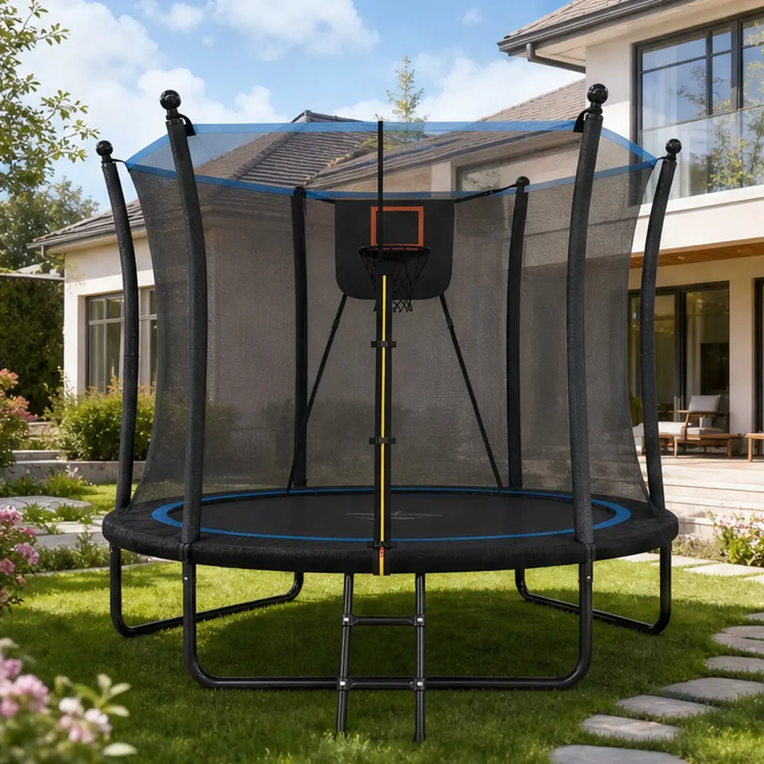 8FT High-Bounce Outdoor Trampoline with Enclosure Net, 2-Step Ladder, Galvanized Steel Frame, UV-Proof Safety Net, Foam Padded Poles, Black Fabric-Metal Construction for Backyard Kids’ Recreation, High-Bounce Outdoor Trampolines