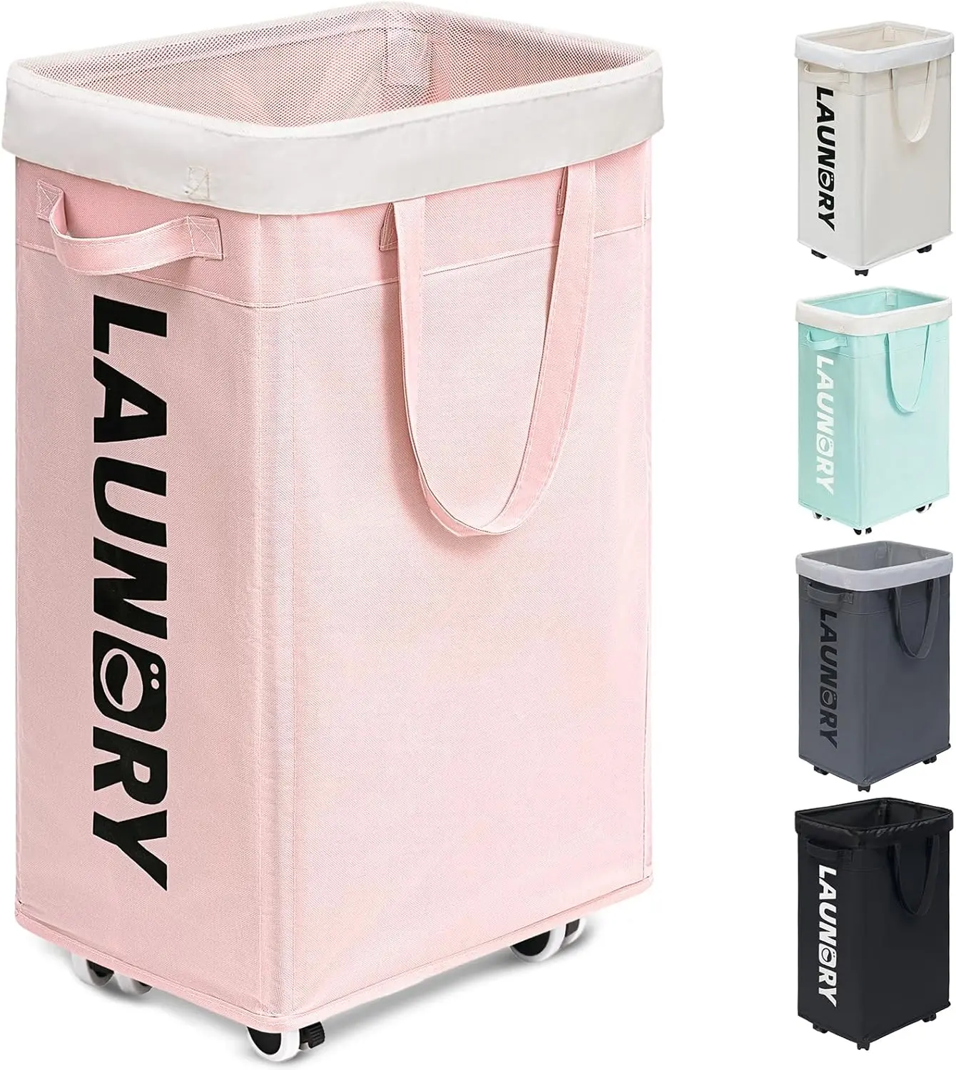 Laundry Basket with Wheels, Dorm Room Essentials for Girls, 75L Collapsible Laundry Basket, Pink Laundry Hamper with Handle for College Dorm