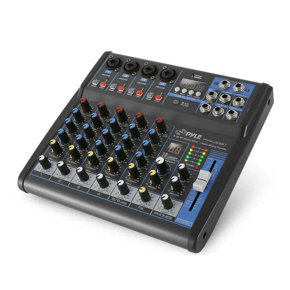 6-Channel Digital Audio Mixer with Bluetooth Wireless Connection, 48V Phantom Power, Stereo Sound, LED Display, USB Port, Lights, Smart Controller, Sound Routing, Adapter, Smartphone Receiver