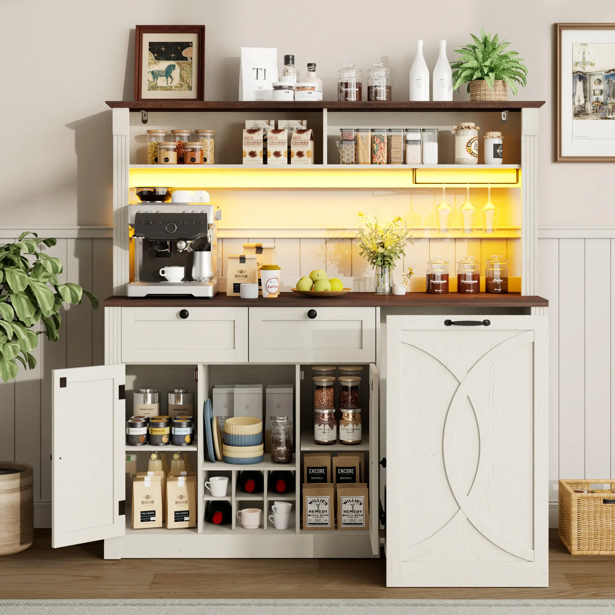 Farmhouse Coffee Bar Station with Hutch, RGB LED Lights, Power Outlet & Pull-Out Trash Can, Multi-Functional Cabinet for Dining Room, Living Room