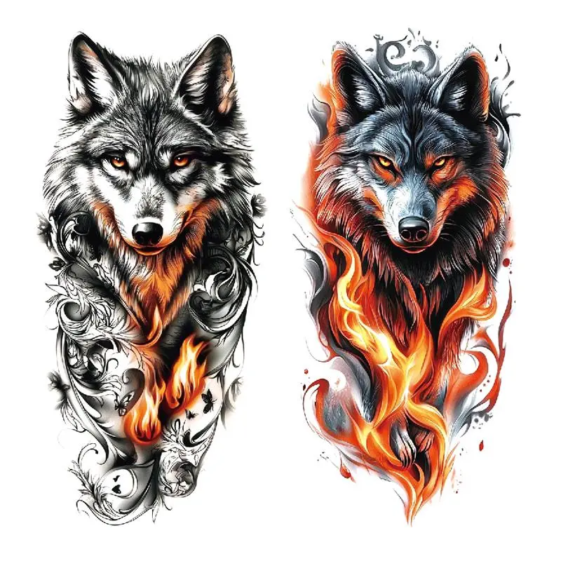 Wolf & Flame Pattern Temporary Tattoo Sticker, Waterproof Long Lasting Fake Tattoo Sticker, Body Art Sticker for Men & Women, Waterproof Temporary Tattoos, Ephemeral Tattoos