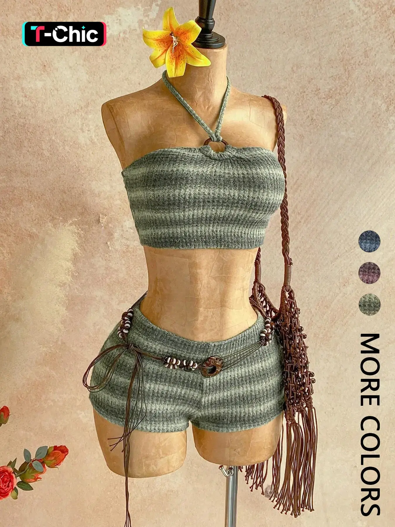 Women's Spring Summer Knit Fitted 2-Piece Matching Sets, Gradient Stripe Sleeveless Halter Crop Top and High-Waist Shorts, Y2K Baddie Boho Coastal Cowgirl Style for Vacation and Festival Beach Wear