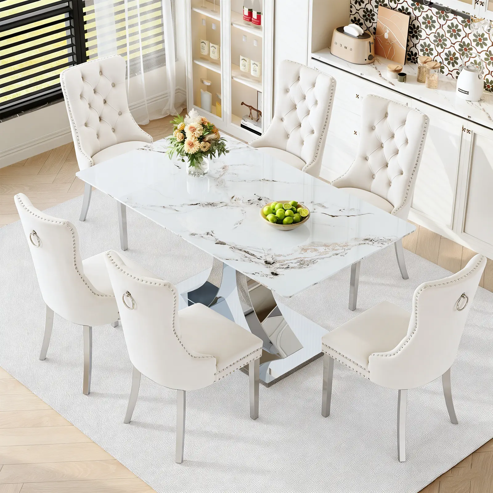 1 Table+6 Beige Silver Metal Chairs