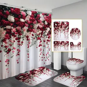 Romantic Rose Floral Print Bathroom Set, Waterproof Shower Curtain & Toilet Mat, Modern Home Decor, Includes 12 Hooks, Ideal Gift, Flowers, Shower Curtain Sets