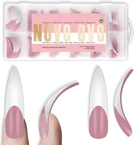 NOVO OVO XXL Curved Stiletto Almond French Tip Nail Tips Press on, BERRY PINK Full Cover Extra Thick Long XL Acrylic Hawk Curve Fake Extension Kit, Need Builder Gel, for DIY 12 Sizes 144 pcs【NO GLUE ,TOP COAT AND LAMP INCLUDED】