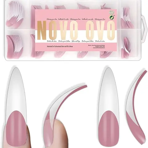 NOVO OVO Acrylic Press on Nails - 144-Pcs 12 Sizes XXL Curved Stiletto Almond Soft Gel Full Cover Berry Pink French Tip, Acrylic Nails Extension Supplies for Home Manicure, Girlfriend Gift & Shape Inspiration,familyfun