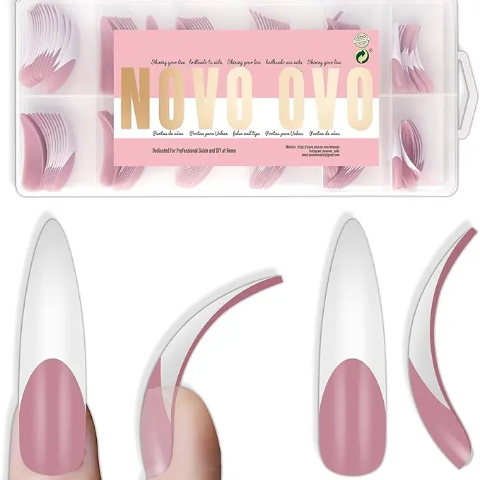 NOVO OVO Acrylic Press on Nails - 144-Pcs 12 Sizes XXL Curved Stiletto Almond Soft Gel Full Cover Berry Pink French Tip, Acrylic Nails Extension Supplies for Home Manicure, Girlfriend Gift & Shape Inspiration,familyfun