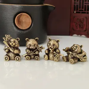 Chinese Panda Brass Figurine Bamboo Panda Tea Pet Desk Ornament Decorative Copper Craft Animal Collection Gift, Handcrafted Collectible Decor