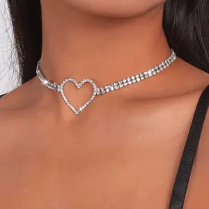Rhinestone Choker Necklaces Silver Heart Necklace Chain Sparkly Tennis Chain Neck Jewelry Adjustable for Women