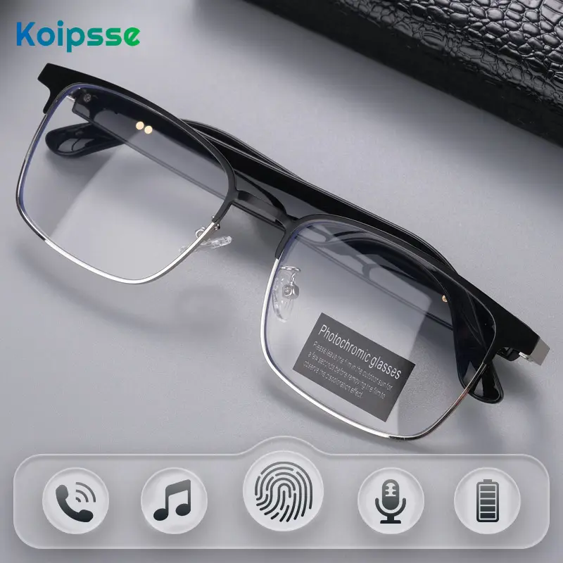 KOIPSSE Wireless Smart Glasses Headset with Built-in Speakers High-tech Outdoor Sports Sunglasses Anti-blue Light UV Protection Metal Frame Eye Glasses for Men Women