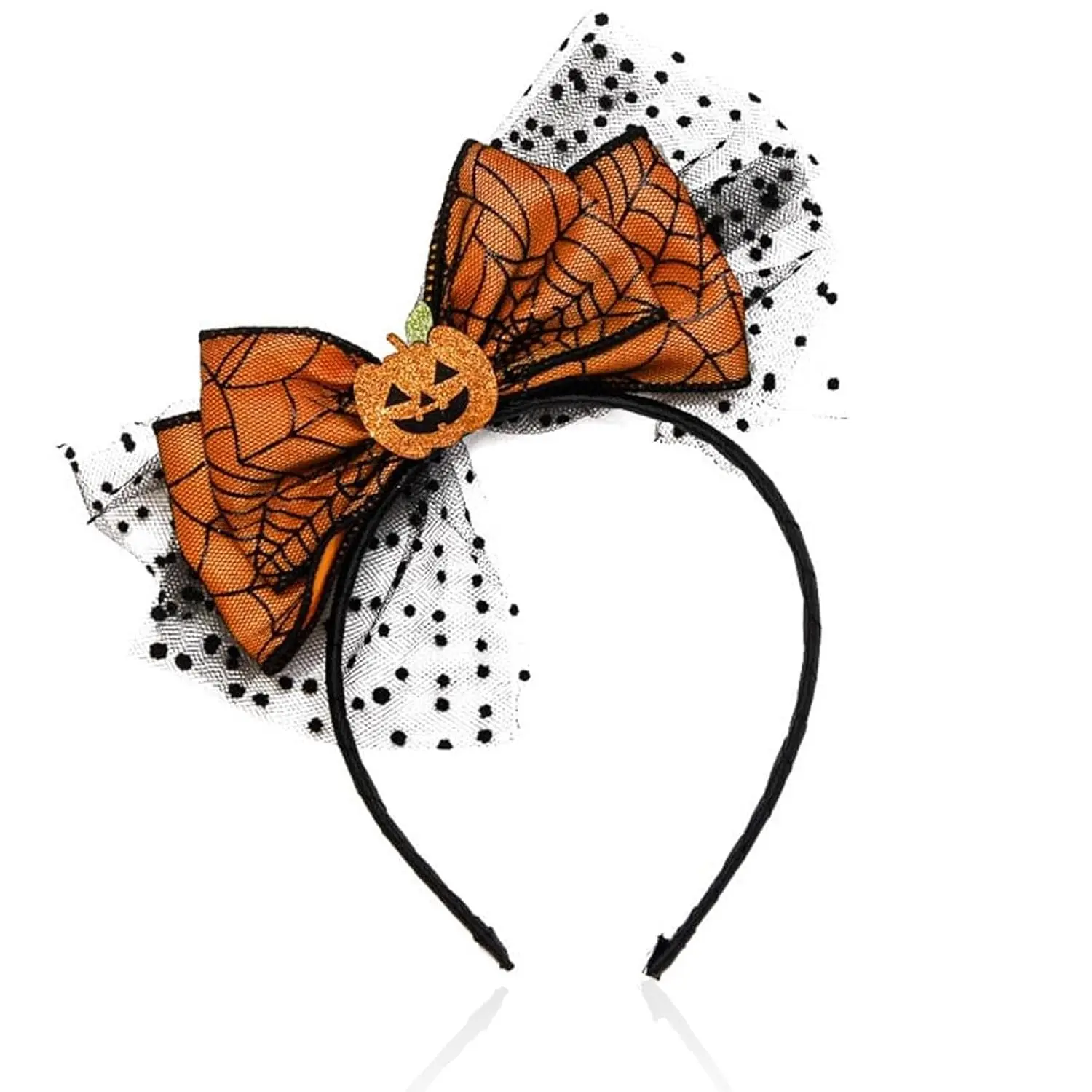 Pumpkin Headband for Women, Cute Soft Mesh Bow with 3D Pumpkin Charm - Lightweight Adjustable Costume Accessory for Halloween & Fall Festival Parties, 9.11 X 8.11 Inches, Adorable Bow Pumpkin Design