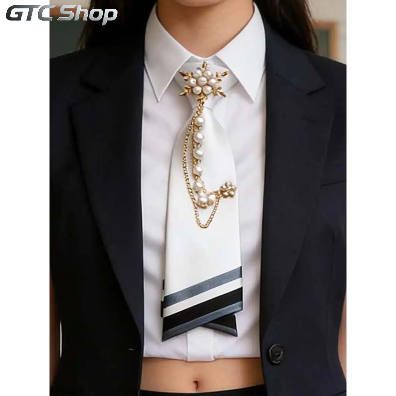 Pre-Tied Imitation Pearl Tie with Metal Necklace Accent, Smooth Satin School Necktie, Stylish Dress Accessory, Classic Match for Shirts & Uniforms, Ideal for Graduation, Parties, Daily Wear and Formal Occasions