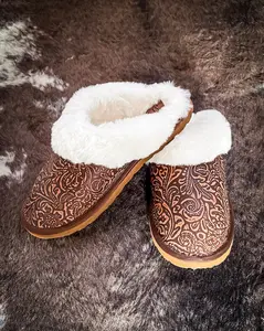Women's Soft Brown Leather Slide Slippers, Lined Classic Footwear Shoe