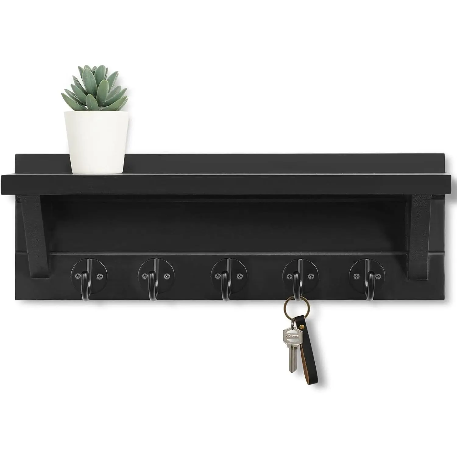 Wall Key Holder with Shelf, Rustic Shelf with Hooks Made of Paulownia Wood Holds Keys, Dog Leash, Bags and More - 13.7" W x 4.7" H x 3.5" D Decorative Key Hanger and Entryway Shelf (Black)