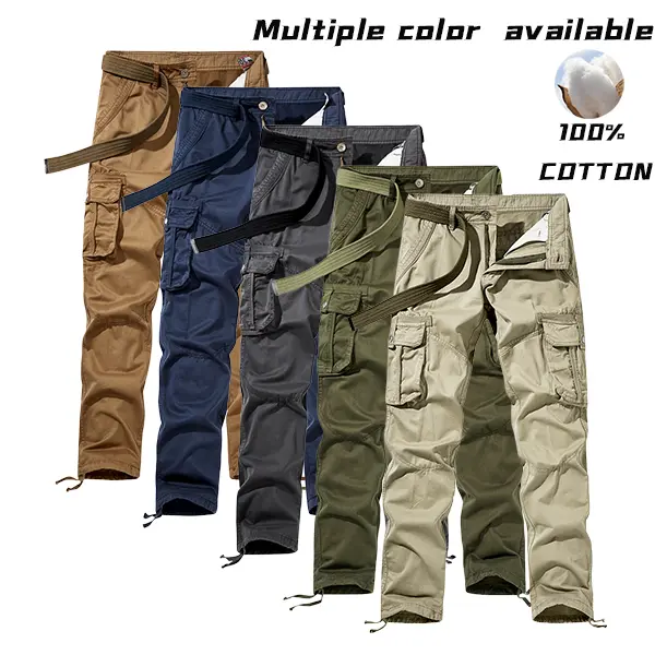 Men's 100% Cotton Minimalist Cargo Pants - Stylish Plain, Mid Waist, Fitted Cut, Multi-Flap Pockets, Button Closure, Wear-Resistant, Street Look, Machine Washable, Casual, Year Round, All-Purpose, with Pocket, for Camping, Fishing