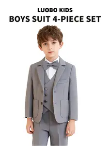 Boys' suit 4-piece set (jacket + waistcoat + High Waist Pants + bow tie) | 100-150cm slim-fitting, essential for weddings/graduation ceremonies (shirt not included) Outfit -23710