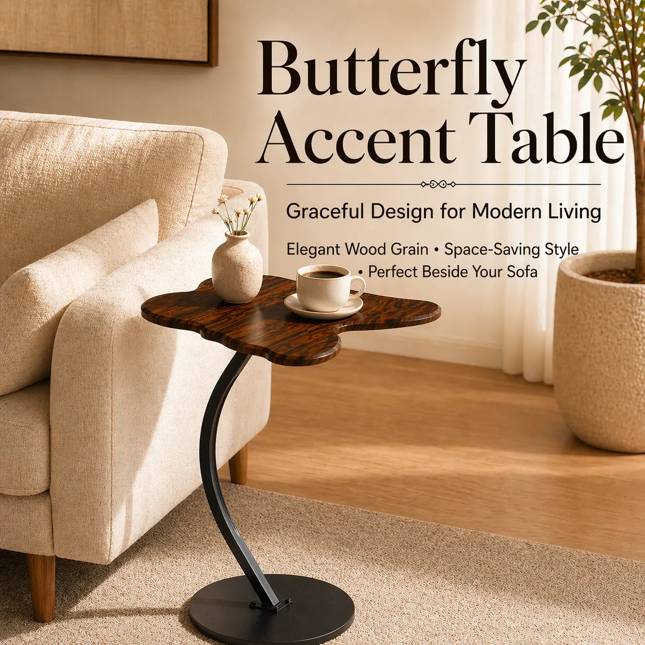 Butterfly Side Table, Modern Accent End Table with Solid Metal Base, Wood Grain Small Sofa Table for Living Room, Bedroom, Balcony, Reading Nook