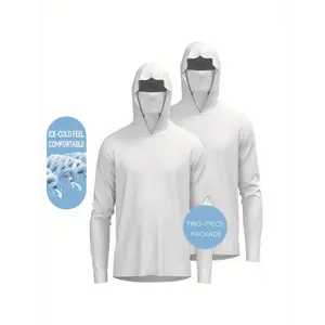 2 Pcs Solid Breathable Men's Hooded Shirt With Mask, Long Sleeve Rash Guard For Fishing Hiking Outdoor Sun Protection