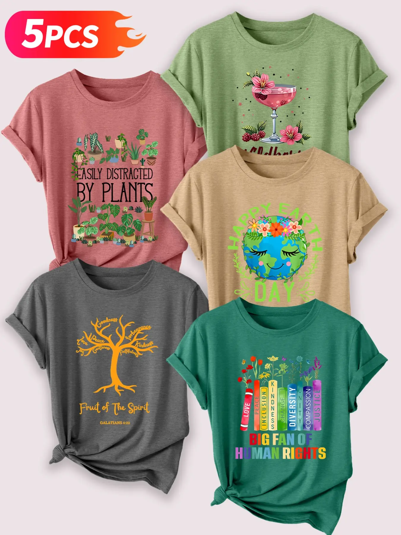 5PCS Plant & Positive Themed Women's Casual Fitted Short Sleeve Crew Neck Cotton T-Shirt Set – Graphic Print, Multicolor, Machine Washable Spring & Summer Top, Soft Skin-Friendly Fabric, Daily Versatile, Casual Everyday Wear