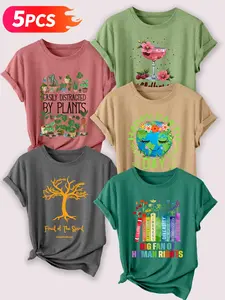 5PCS Plant & Positive Themed Women's Casual Fitted Short Sleeve Crew Neck Cotton T-Shirt Set – Graphic Print, Multicolor, Machine Washable Spring & Summer Top, Soft Skin-Friendly Fabric, Daily Versatile, Casual Everyday Wear