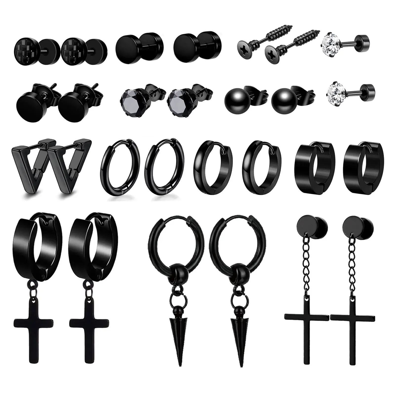 OIDEA Stud Earring Pack for Men, 14-Pair Black Stainless Steel Multi-Shape Hoops & Studs, Street-Style Casual Earrings Set for Birthday, Christmas Gift, Jewelry Accessory Combo, Men's Hoop Earrings