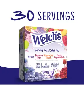 Welch's Singles To Go Variety Pack, Watertok Powdered Drink Mix, Includes 4 Flavors, Grape, Passion fruit, Strawberry Peach, Cherry Pomegranate, 1 Box (30 Servings)