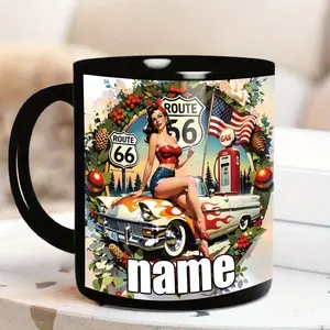 1pc 11oz Reusable Customized Vintage Car Ceramic Mug - Route 66 Design, Personalized Name Option, Durable, Washable Drink Cup for Home, Birthday Gifting