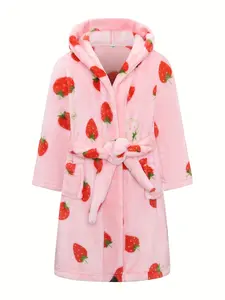 Kids Strawberry Print Bathrobe - Cute Pink Fruit Hooded Fleece Robe for Toddler Girls, Ultra Soft Plush Flannel Warm Sleepwear Loungewear with Pockets and Waist Belt, Perfect for Bath Shower Pool Beach Spa, Cozy Nightwear Pajamas Sweet Holiday Gift