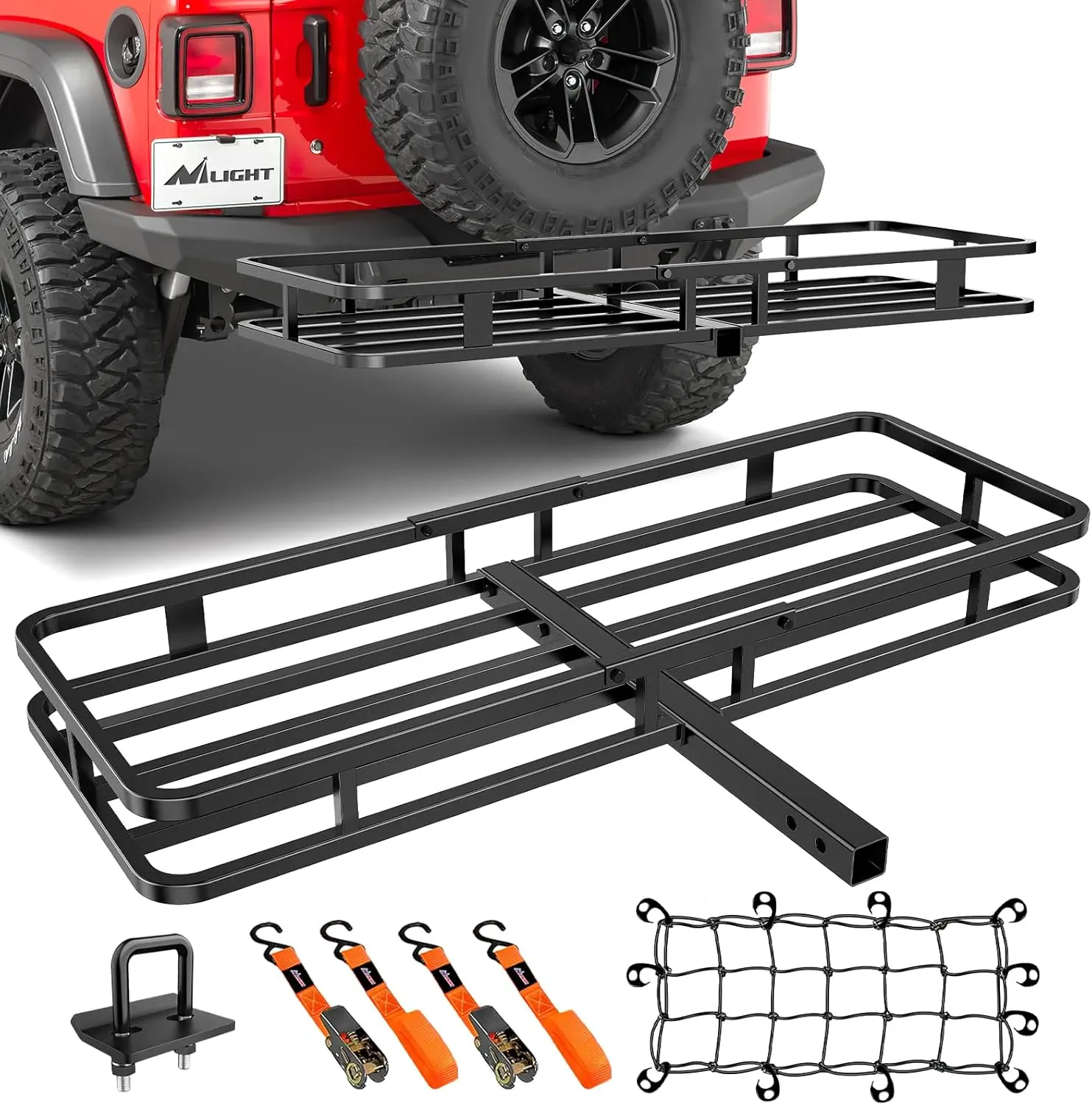 Nilight Heavy Duty Alloy Steel Hitch Cargo Carrier, 53x19x4in - 2-Inch Hitch Receiver Fit, 500 Lbs Capacity - Easy Install, Includes Net, Ratchet Straps, Stabilizer for SUV, Pickup - Car Accessories, Camping Gear