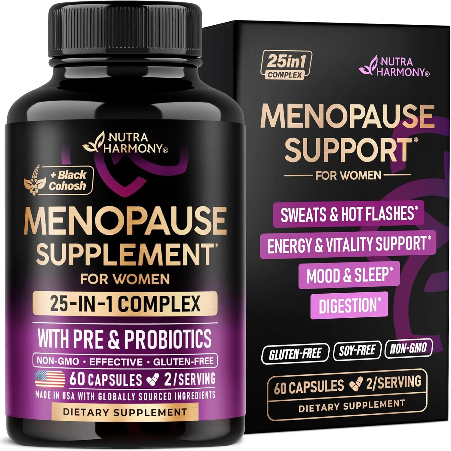 Menopause Supplements for Women - Dong Quai, Black Cohosh, Pre & Probiotics - Sweats & Hot Flashes Relief - Digestion, Sleep & Mood Support - 25-in-1 Perimenopause Complex - Lab Tested - 60 Capsules